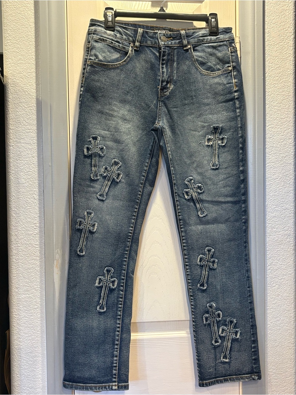 Distressed Blue Denim Jeans with Cross Appliqués (girls)